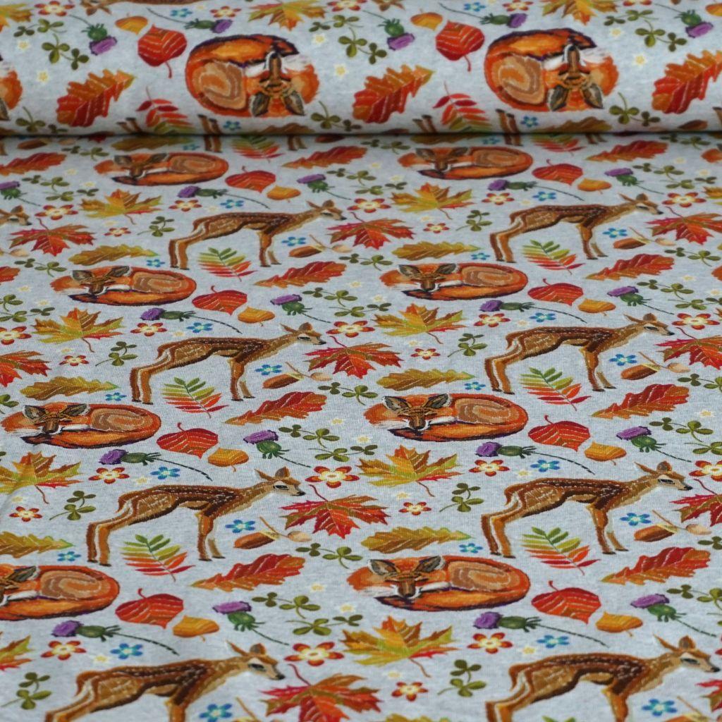 French Terry Herbstwald Stickstyle hellgrau orange braun – F